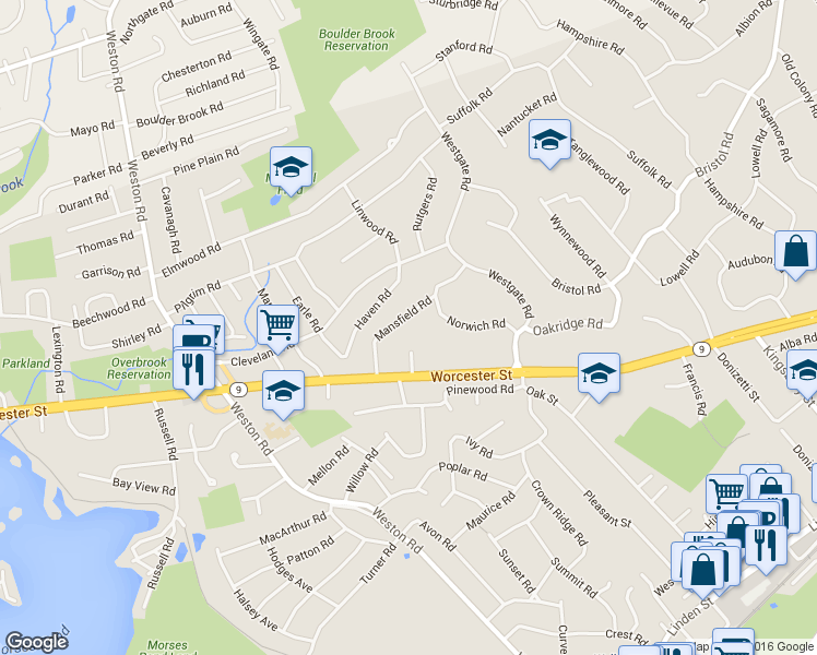 map of restaurants, bars, coffee shops, grocery stores, and more near 29 Mansfield Road in Wellesley