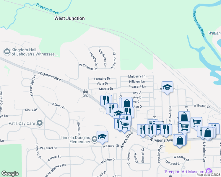 map of restaurants, bars, coffee shops, grocery stores, and more near 238 Viola Drive in Freeport