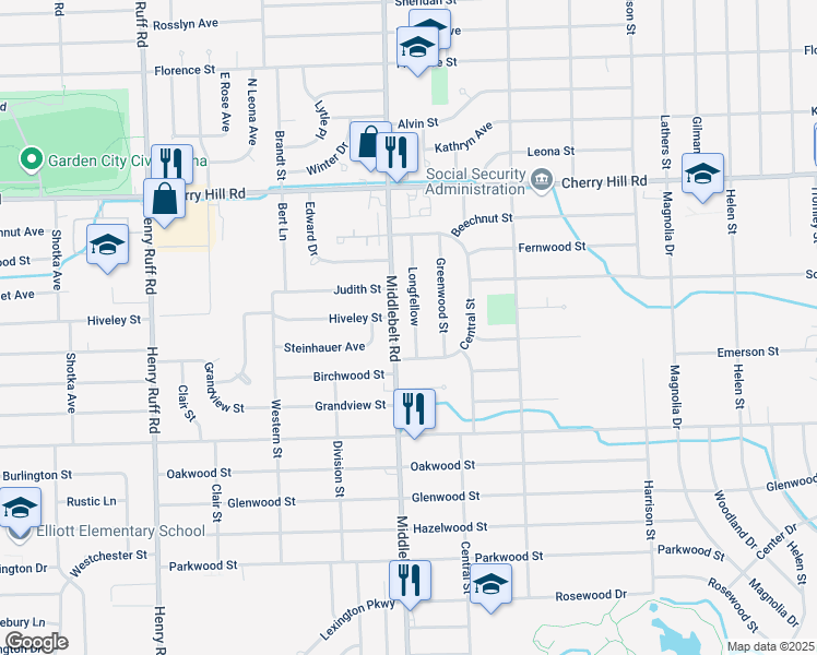 map of restaurants, bars, coffee shops, grocery stores, and more near 544 Longfellow in Inkster