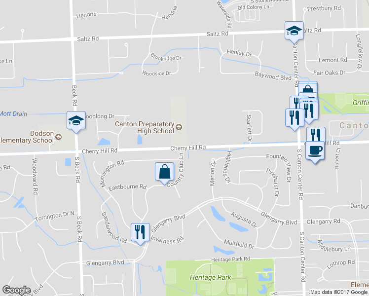 map of restaurants, bars, coffee shops, grocery stores, and more near 46610 Cherry Hill Road in Canton
