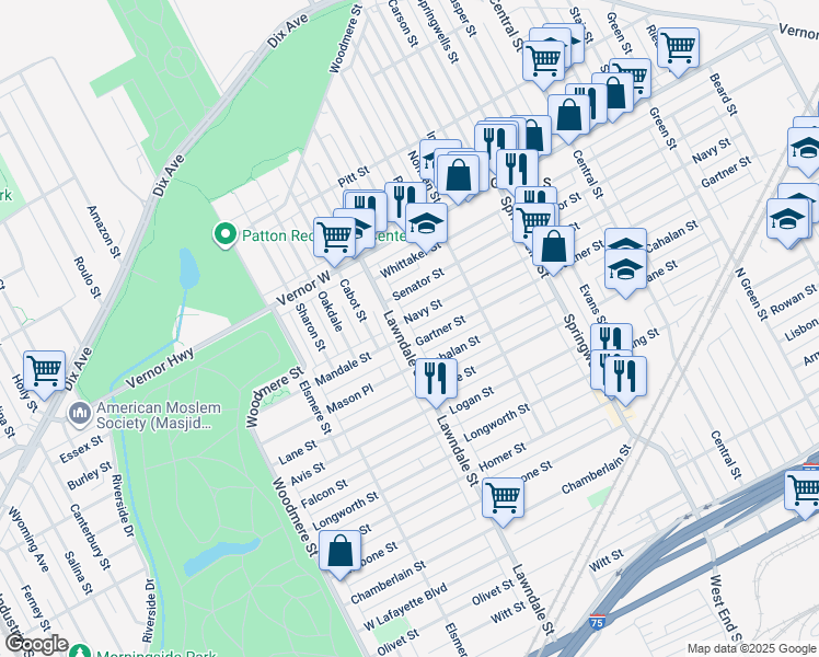 map of restaurants, bars, coffee shops, grocery stores, and more near 8451 Navy Street in Detroit