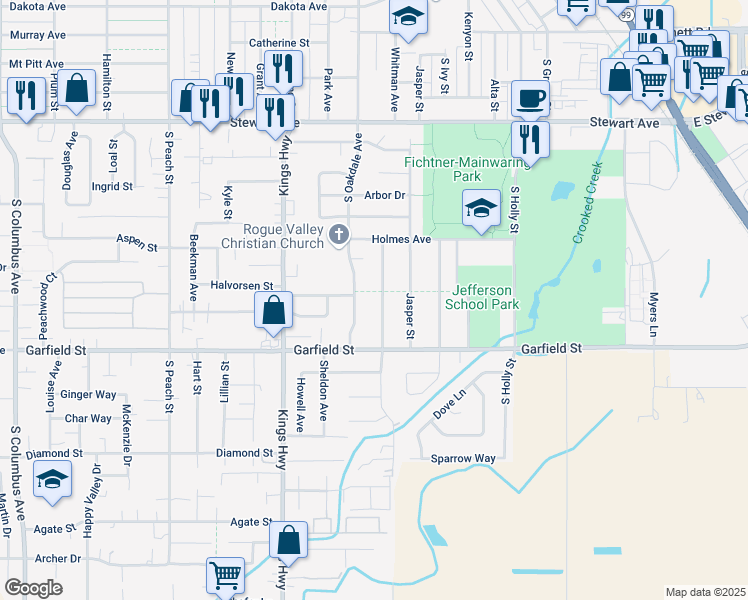 map of restaurants, bars, coffee shops, grocery stores, and more near 1456 Whitman Avenue in Medford