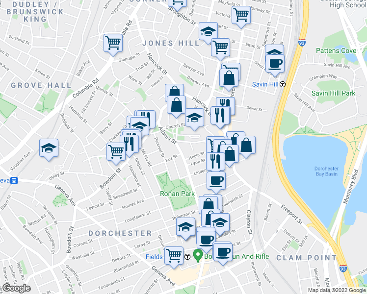 map of restaurants, bars, coffee shops, grocery stores, and more near 34 Adams Street in Boston