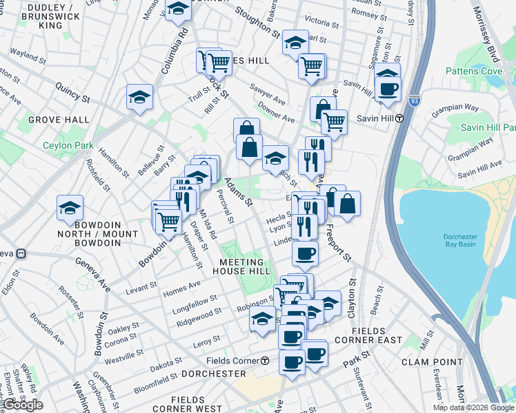 map of restaurants, bars, coffee shops, grocery stores, and more near 34 Adams Street in Boston
