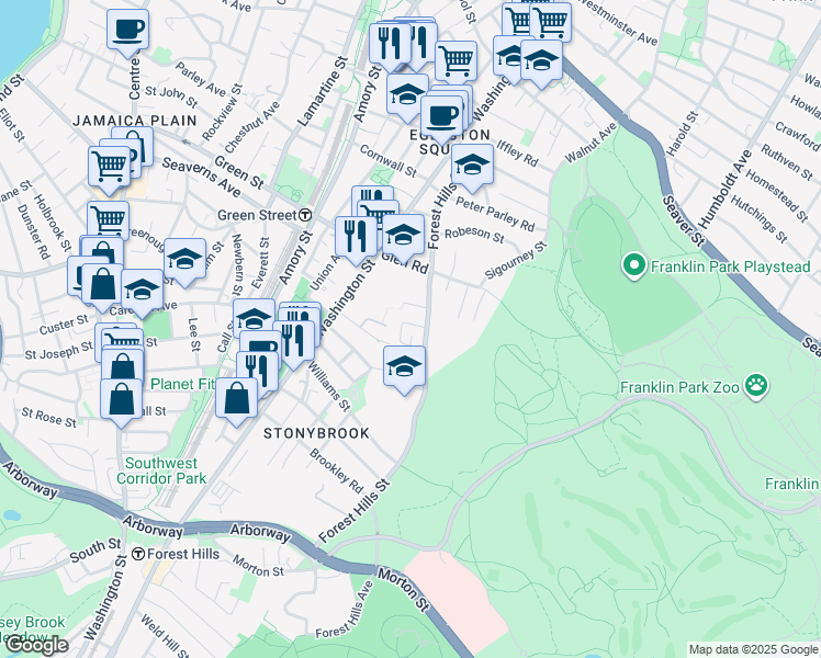 map of restaurants, bars, coffee shops, grocery stores, and more near 143 Forest Hills Street in Boston