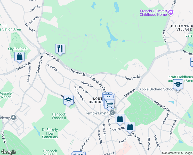 map of restaurants, bars, coffee shops, grocery stores, and more near in Brookline