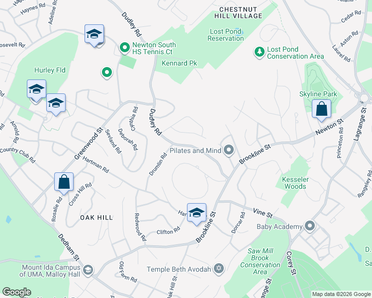 map of restaurants, bars, coffee shops, grocery stores, and more near 472 Dudley Road in Newton