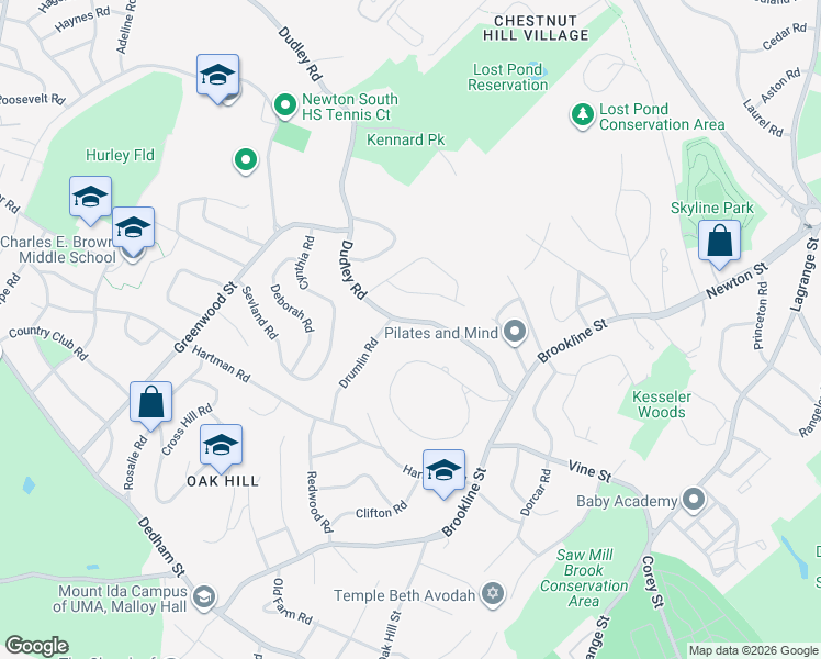 map of restaurants, bars, coffee shops, grocery stores, and more near 436 Dudley Road in Newton