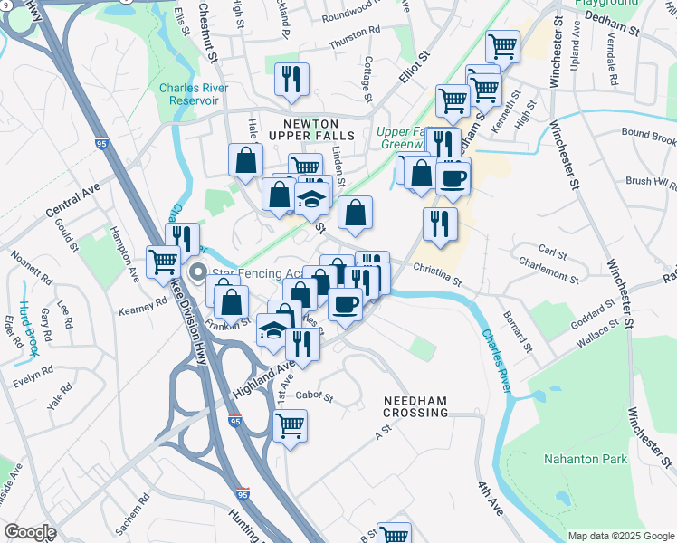 map of restaurants, bars, coffee shops, grocery stores, and more near 45 Butts Street in Newton
