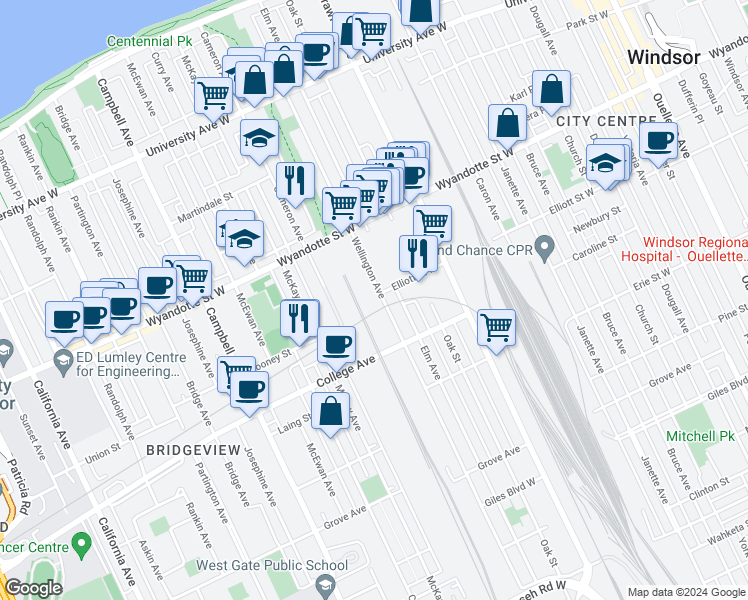 map of restaurants, bars, coffee shops, grocery stores, and more near 801 Wellington Avenue in Windsor