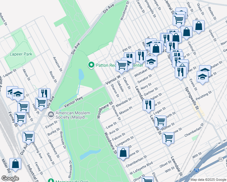 map of restaurants, bars, coffee shops, grocery stores, and more near 2018 Sharon Street in Detroit