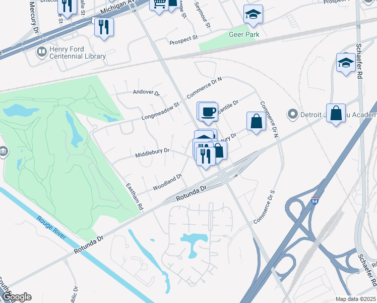 map of restaurants, bars, coffee shops, grocery stores, and more near 45 Middlebury Court in Dearborn