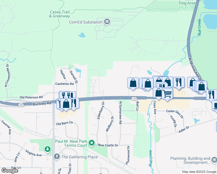 map of restaurants, bars, coffee shops, grocery stores, and more near 610 Peterson Road in Libertyville