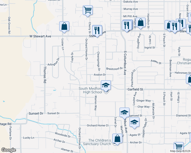 map of restaurants, bars, coffee shops, grocery stores, and more near 1432 Avalon Drive in Medford