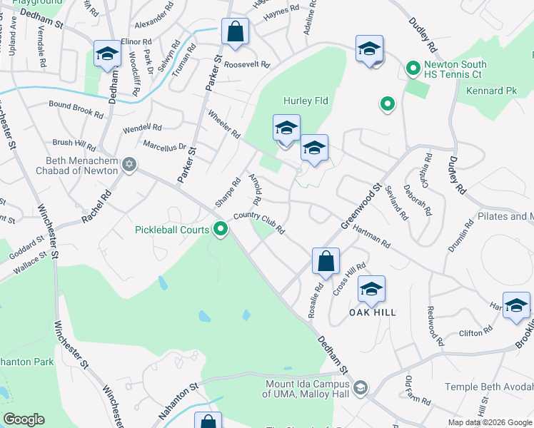map of restaurants, bars, coffee shops, grocery stores, and more near 225 Arnold Road in Newton