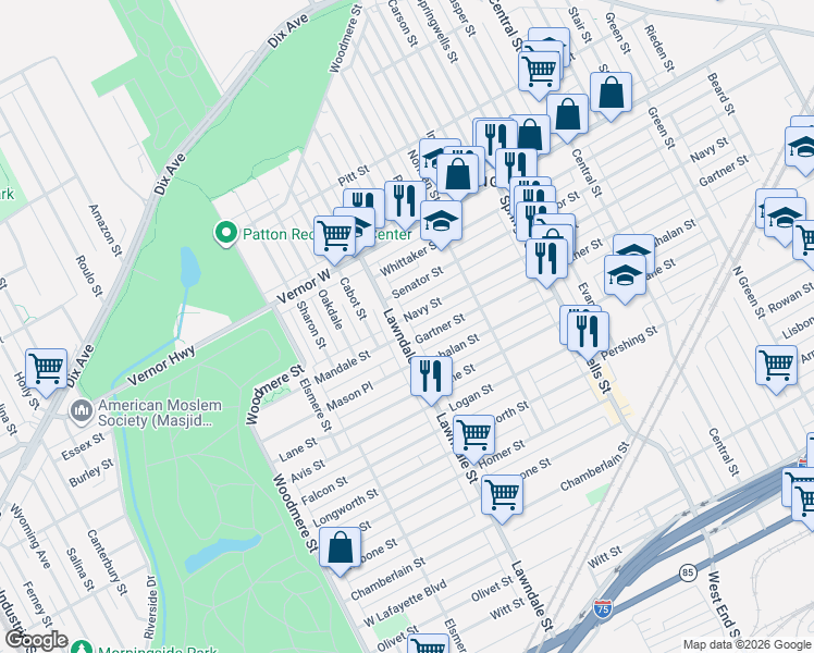 map of restaurants, bars, coffee shops, grocery stores, and more near 8409 Navy Street in Detroit