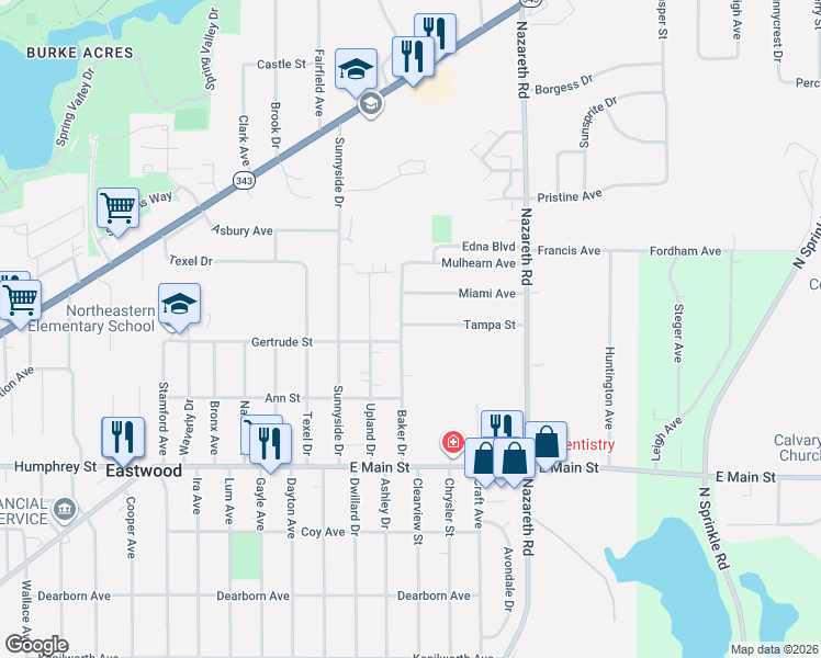 map of restaurants, bars, coffee shops, grocery stores, and more near 1706 Baker Drive in Kalamazoo