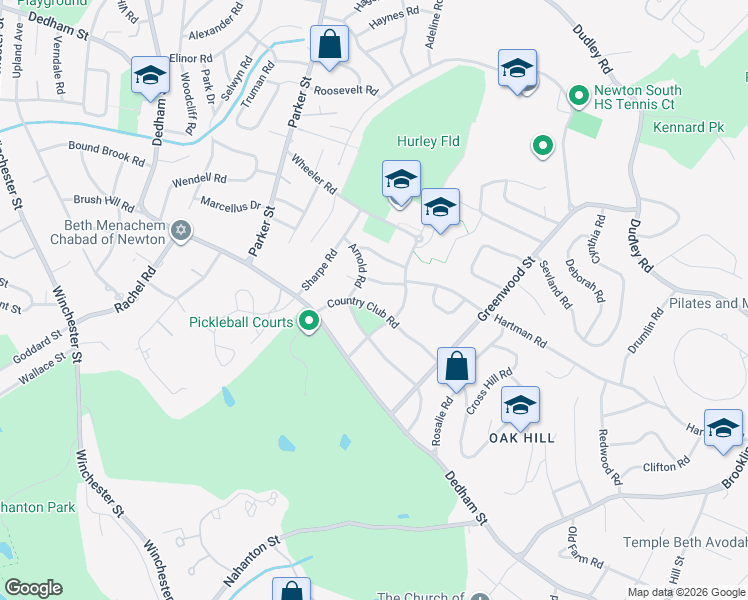 map of restaurants, bars, coffee shops, grocery stores, and more near 225 Arnold Road in Newton