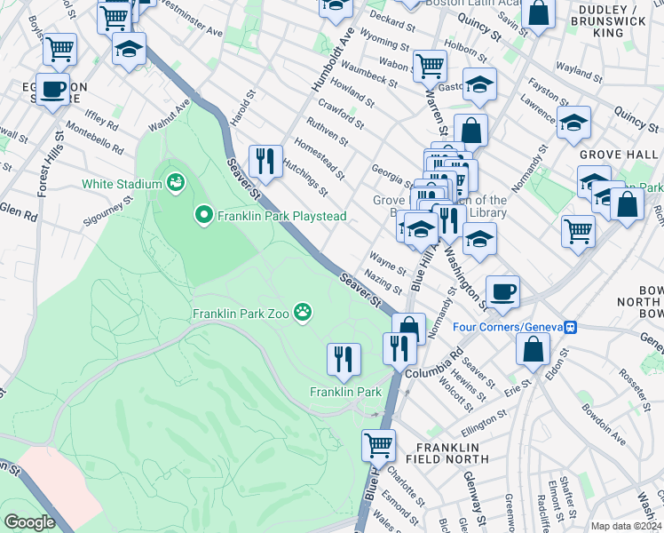 map of restaurants, bars, coffee shops, grocery stores, and more near Seaver Street in Boston