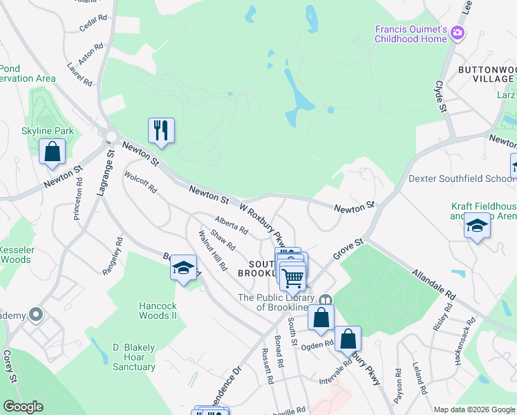 map of restaurants, bars, coffee shops, grocery stores, and more near in Brookline