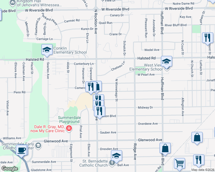 map of restaurants, bars, coffee shops, grocery stores, and more near 2415 Jonathan Avenue in Rockford