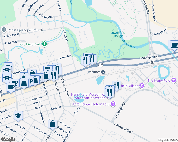 map of restaurants, bars, coffee shops, grocery stores, and more near 21367 Michigan Avenue in Dearborn