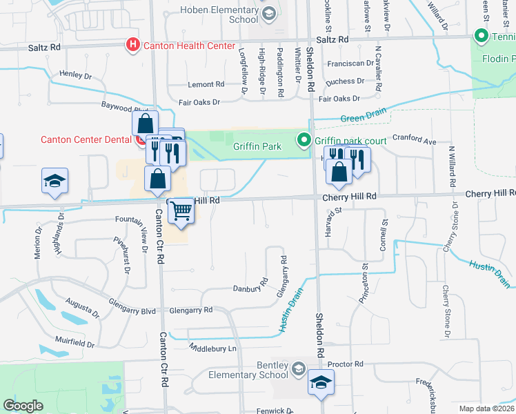 map of restaurants, bars, coffee shops, grocery stores, and more near 44757 Cherry Hill Road in Canton