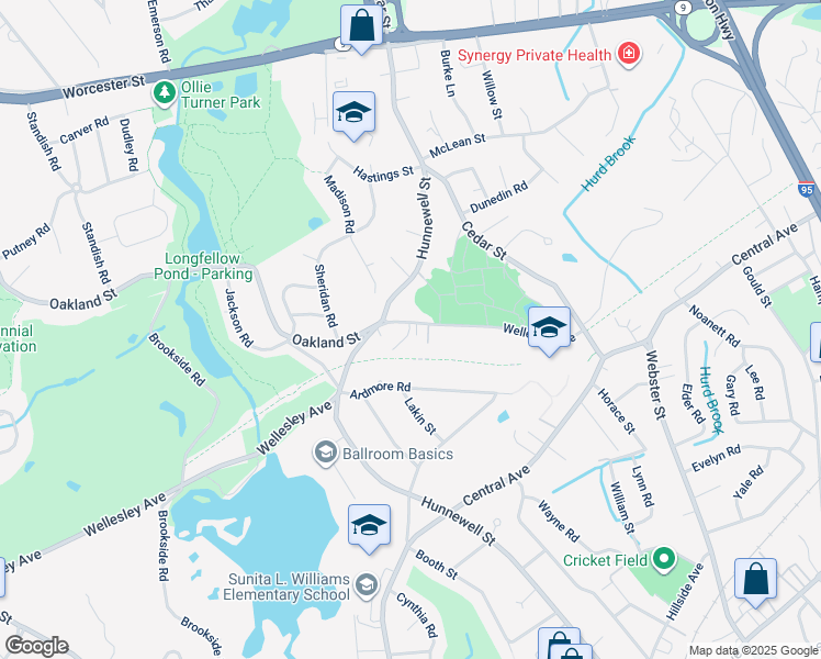 map of restaurants, bars, coffee shops, grocery stores, and more near 1 Wellesley Avenue in Needham