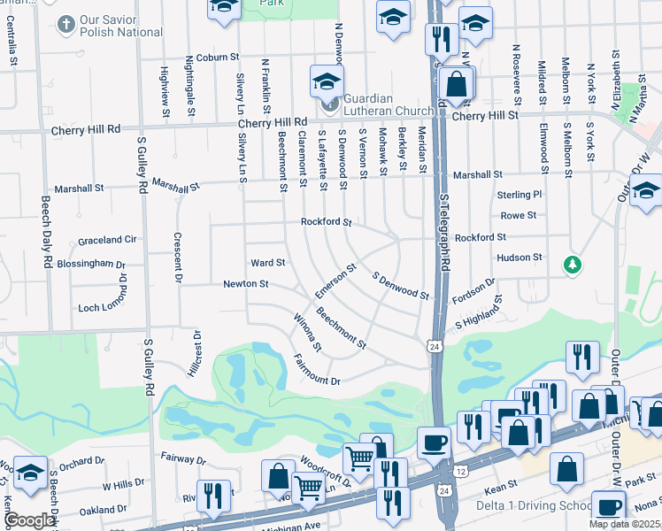 map of restaurants, bars, coffee shops, grocery stores, and more near 621 South Lafayette Street in Dearborn