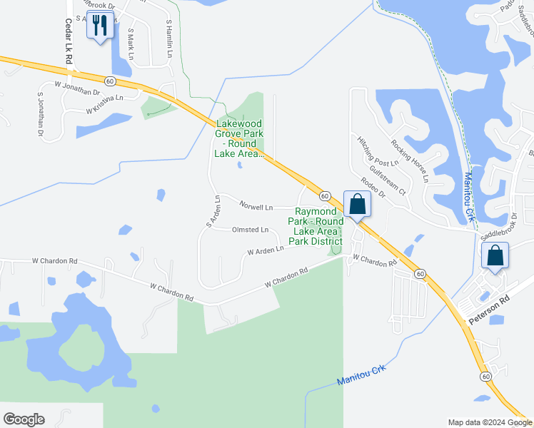map of restaurants, bars, coffee shops, grocery stores, and more near 199 West Norwell Lane in Round Lake