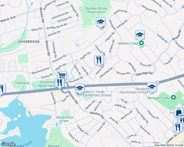 map of restaurants, bars, coffee shops, grocery stores, and more near 56 Cleveland Road in Wellesley
