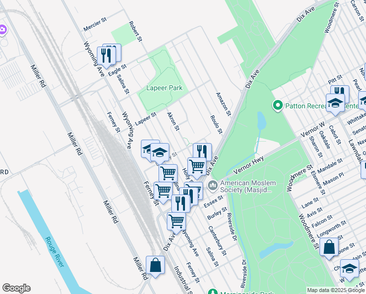 map of restaurants, bars, coffee shops, grocery stores, and more near 2731 Akron Street in Dearborn