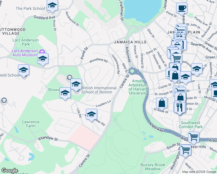 map of restaurants, bars, coffee shops, grocery stores, and more near 130 Moss Hill Road in Boston