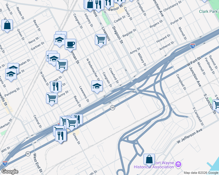 map of restaurants, bars, coffee shops, grocery stores, and more near 841 Casgrain Street in Detroit