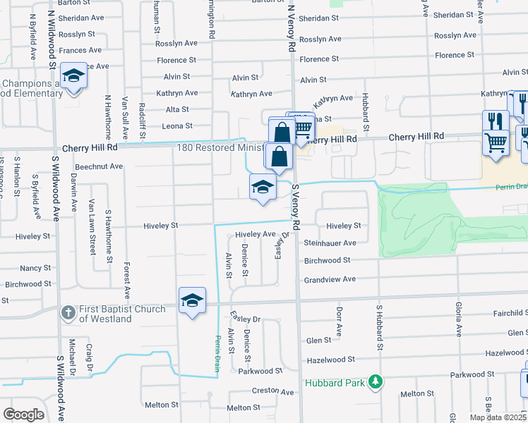 map of restaurants, bars, coffee shops, grocery stores, and more near 450 South Venoy Road in Westland