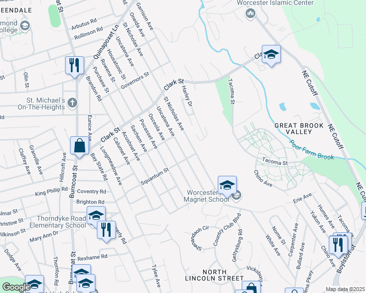 map of restaurants, bars, coffee shops, grocery stores, and more near 143 Uncatena Avenue in Worcester