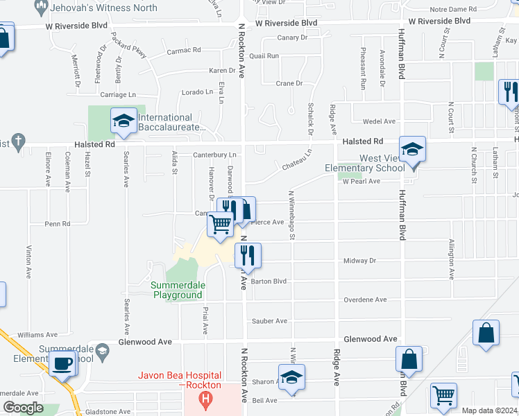 map of restaurants, bars, coffee shops, grocery stores, and more near 2420 Jonathan Avenue in Rockford