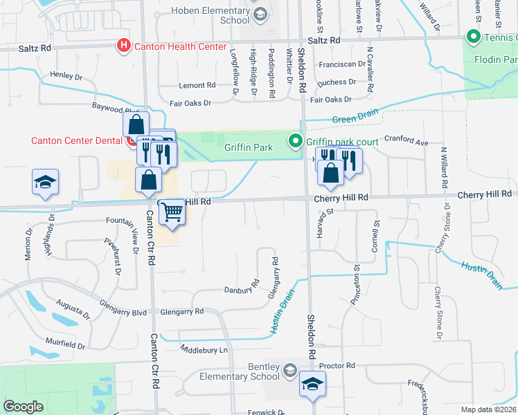 map of restaurants, bars, coffee shops, grocery stores, and more near 44757 Cherry Hill Road in Canton