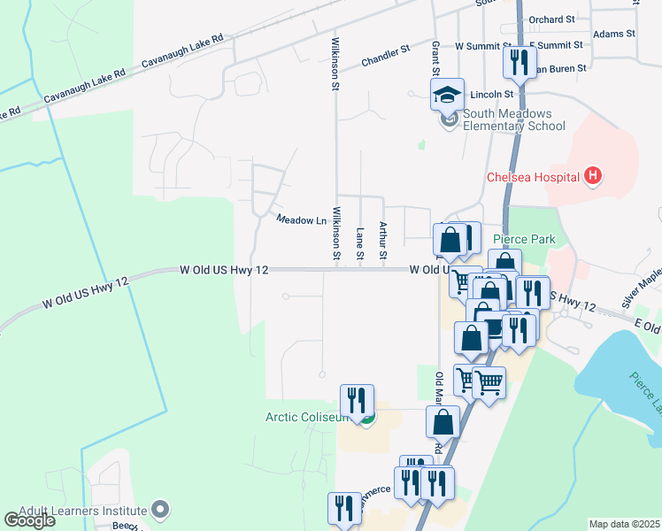 map of restaurants, bars, coffee shops, grocery stores, and more near 20186 West Old US Highway 12 in Chelsea
