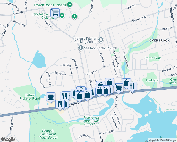 map of restaurants, bars, coffee shops, grocery stores, and more near 50 Wellesley Road in Natick