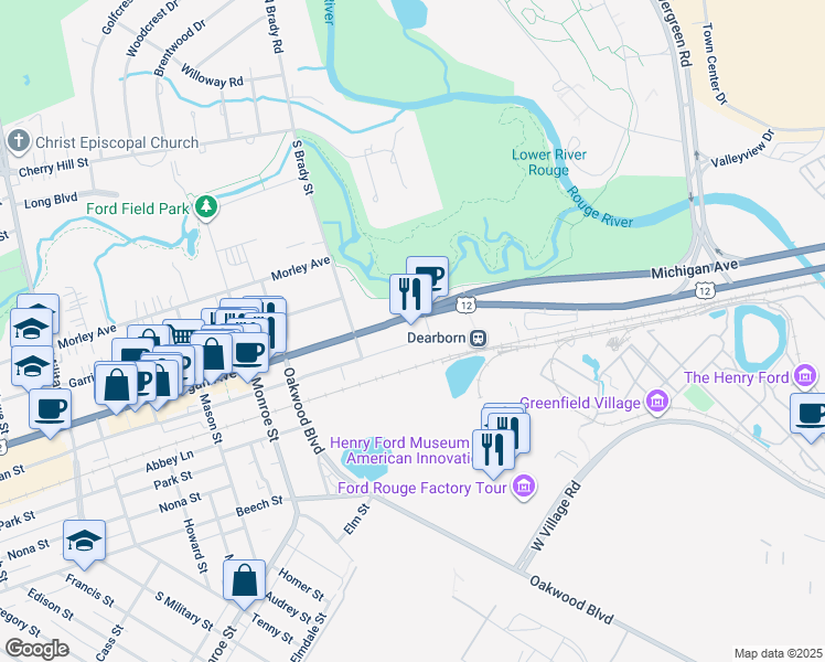 map of restaurants, bars, coffee shops, grocery stores, and more near 21367 Michigan Avenue in Dearborn