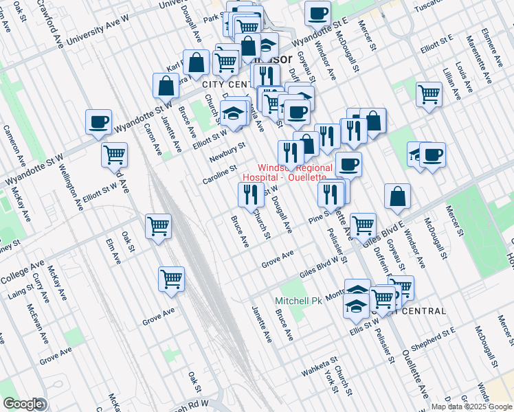 map of restaurants, bars, coffee shops, grocery stores, and more near 1014 Church Street in Windsor