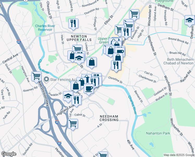 map of restaurants, bars, coffee shops, grocery stores, and more near in Newton