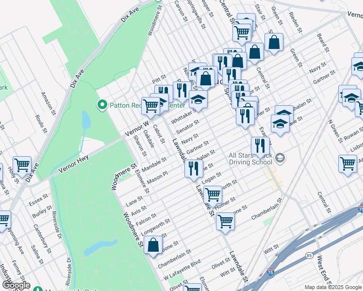 map of restaurants, bars, coffee shops, grocery stores, and more near 8451 Navy Street in Detroit