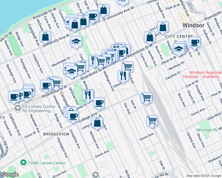 map of restaurants, bars, coffee shops, grocery stores, and more near 801 Wellington Avenue in Windsor