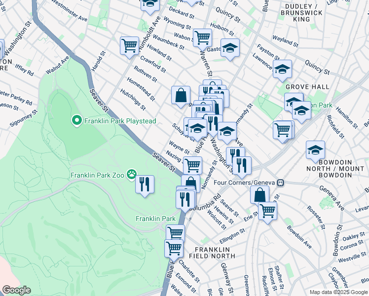 map of restaurants, bars, coffee shops, grocery stores, and more near 7 Wayne Street in Boston