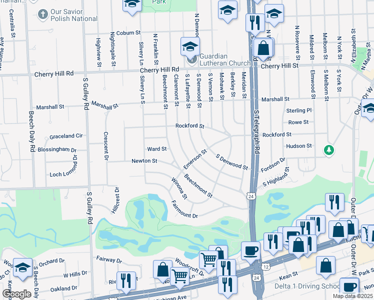 map of restaurants, bars, coffee shops, grocery stores, and more near 621 South Lafayette Street in Dearborn