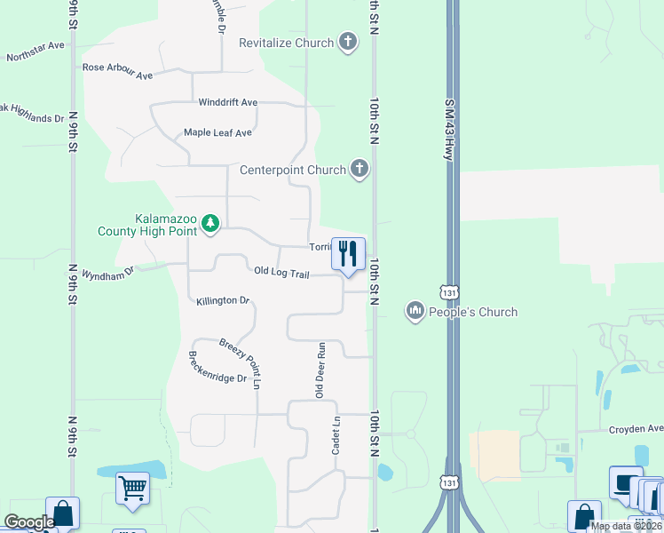 map of restaurants, bars, coffee shops, grocery stores, and more near 6112 Old Log Trail in Kalamazoo