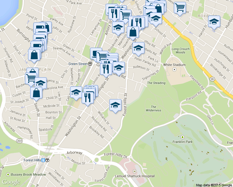 map of restaurants, bars, coffee shops, grocery stores, and more near 20 Rockvale Circle in Boston