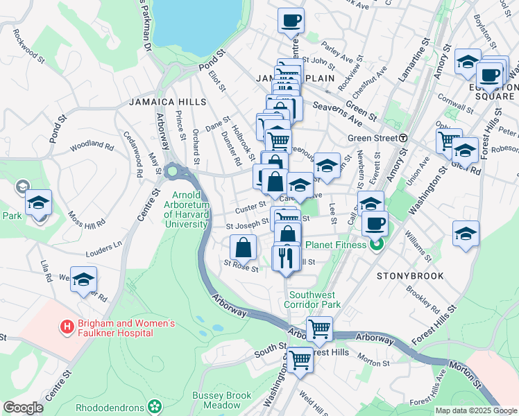 map of restaurants, bars, coffee shops, grocery stores, and more near 15 Custer Street in Boston